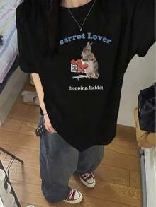 1 Piece, Casual, Everyday Wear, New Release, 1 Piece Of Women's Y2K Style Blue Letter Rabbit Print Short Sleeve T-Shirt, New Summer Fashion, Versatile, Loose, Round Neck, Y2K Graphic Top, Soft. - 黑色 - 查看 2
