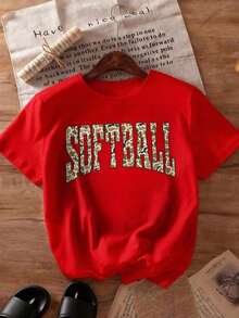 Softball T-Shirt, Camouflage Print T-Shirt, Gift For Softball Lovers, Camouflage Print Softball, School Sport, Game Day T-Shirt Design, Crew Neck, 100% Cotton, Soft Fabric, Short Sleeve - 紅色 - 查看 5