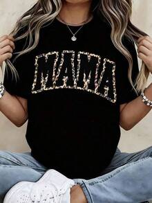 Cotton Graphic T-Shirt, Plus Size, Casual, Leopard Print With Black Letters For Maternity And Everyday Wear, Y2K Style, Men's Oversized T-Shirt, Summer Tops, Women's Casual Printed T-Shirt, Short Sleeve And Round Neck, Spring/Summer Local Urban Fashion. - 黑色 - 查看 6