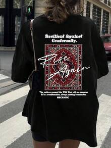 100% Cotton Short-Sleeved T-Shirt With A Relaxed Fit And Print. New Spring/Summer T-Shirt With A Soft, Casual, And Comfortable Persian Print. Women's Summer T-Shirts, Vintage Style - 黑色 - 查看 3