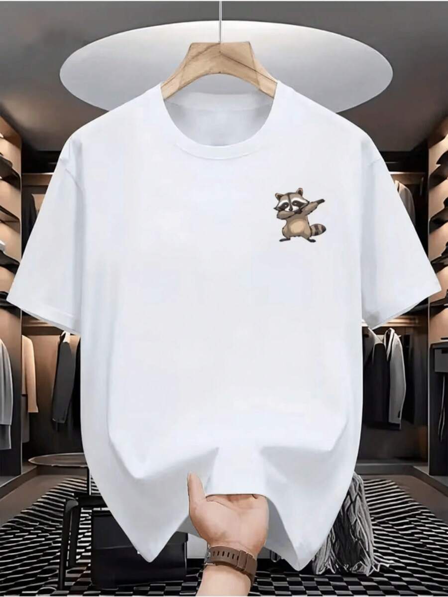 Men's Casual Short Sleeve T-Shirt - Breathable Summer T-Shirt With Round Neck, Fashionable "Raccoon" Print, Machine Washable, Regular Fit, Suitable For Casual Wear, Summer Casual Clothing. - 白色 - 查看 1