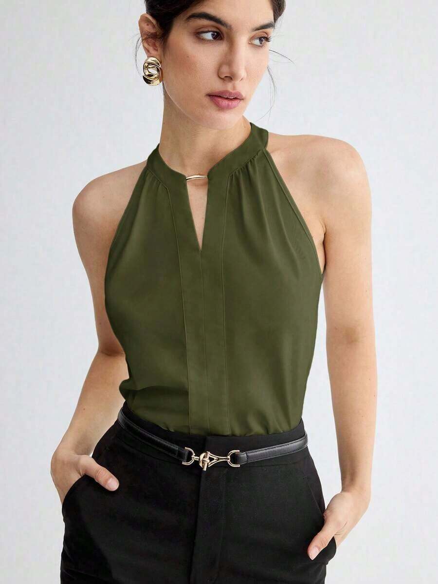Nueva camiseta de tirantes elegante de cuello de ojo de cerradura de unicolor, versátil para el transporte urbano moderno, uso diario, retro romántico de los 90, adecuada para Navidad, Año Nuevo, San Valentín, fiesta, playa, graduación, moda, carn - Verde militar - Ver 1