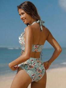 Conjunto de camiseta de tirantes y bikini con estampado floral ditsy para mujer, ideal para vacaciones románticas en la playa, nuevas llegadas de moda primavera/verano 2026: estilos de Año Nuevo, estilos de San Valentín, estilos de vuelta al col - Azul cadete - Ver 2
