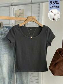 Camiseta ajustada de mujer con cuello de pico, manga raglán y patrón minimalista, 95% algodón, color caqui - Gris Oscuro - Ver 10