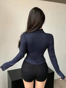 Camiseta de manga larga de cuello alto y ajuste ceñido para mujer, ropa de otoño - azul real - Ver 4