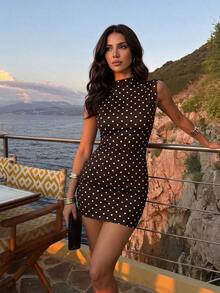Vestido ajustado con fruncidos de estilo minimalista y sin mangas de unicolor para mujer - Marrón 3 - Ver 2