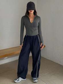 Chaqueta Ajustada Con Cierre De Cremallera Para Mujer - Gris Oscuro - Ver 3