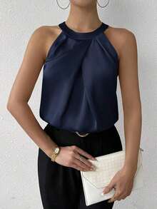 Privé Blusa de satén sin mangas con cuello de volantes de unicolor elegante para la oficina y el trabajo, color champán - Azul marino - Ver 7