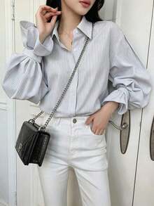 Camisa con volantes y hombros caídos a rayas verticales, blusas de manga larga, ropa de otoño - Blanco 2 - Ver 7
