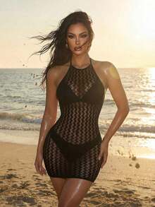 Swim  Vestido de encubrimiento sin mangas con cuello halter para mujeres para vacaciones de verano en la playa con apliques huecos - Negro - Ver 1