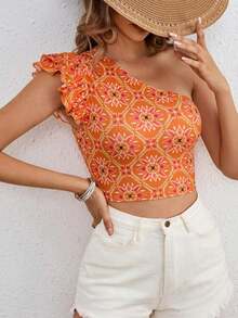 VCAY Parte superior asimétrica de punto impresa corta y entallada para mujer, ideal para vacaciones - Naranja - Ver 6