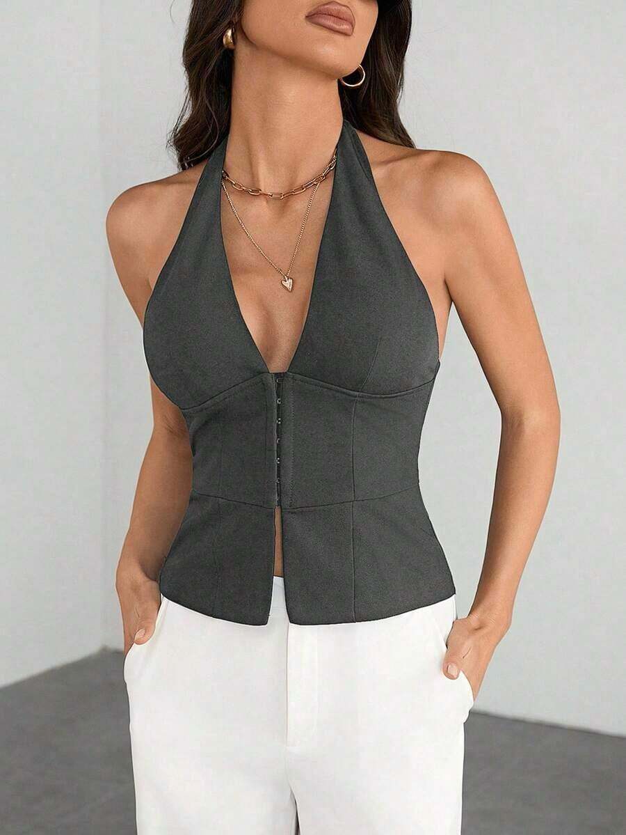 Tall Blazer casual de unicolor con cuello en V para mujer, top de traje tejido - Conjunto de otoño vintage seductor de oficina para maestras - Gris Oscuro - Ver 1
