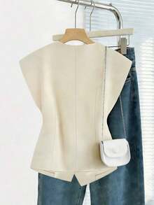 Chaqueta de blazer casual y ligera para mujer, de unicolor, forrada, de alta calidad, con dobladillo asimétrico corto y doble botonadura, para primavera - Albaricoque - Ver 2