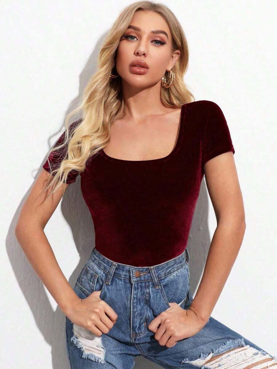 Camiseta de manga corta de ajuste slim de color liso informal - Burdeos - Ver 1