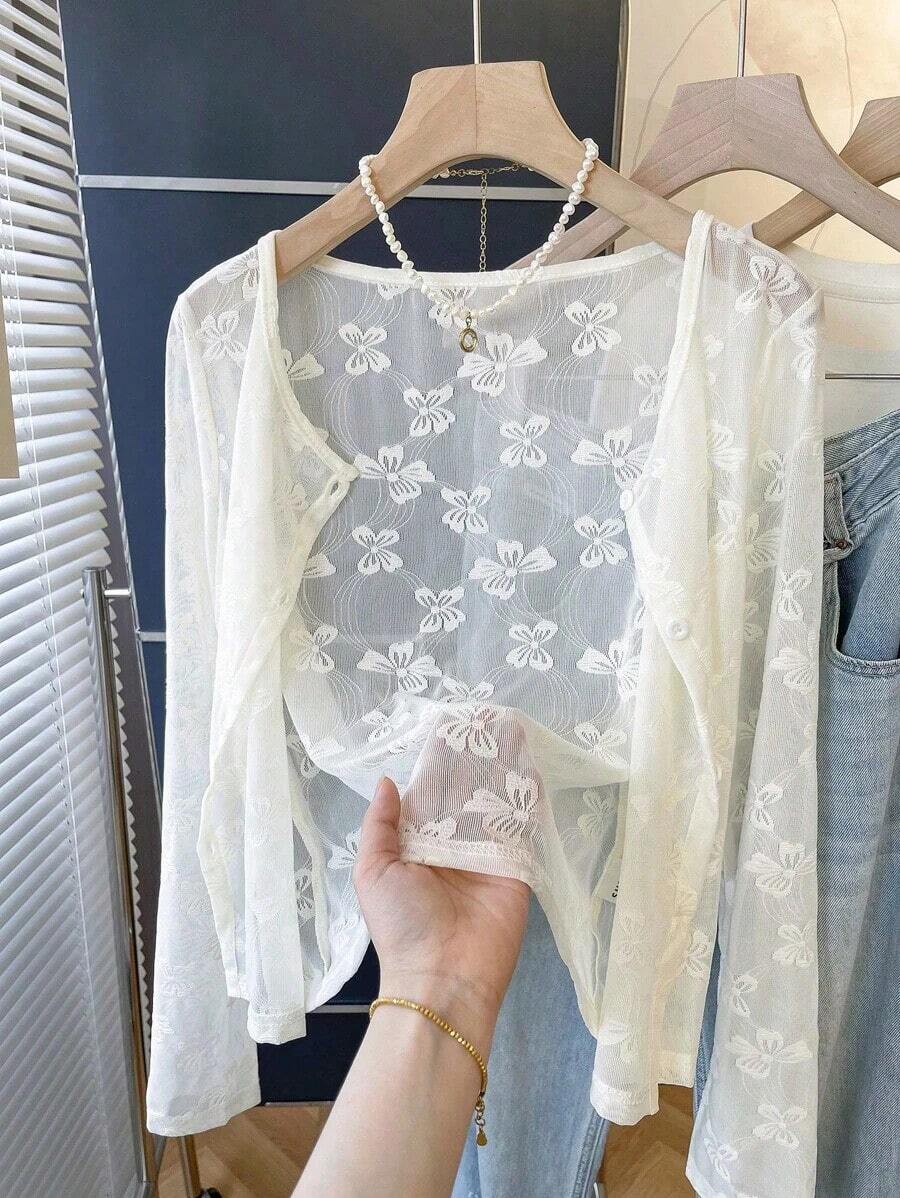 Chaqueta fina de mujer de un solo boton con mangas largas de red de mariposa - Blanco 2 - Ver 1