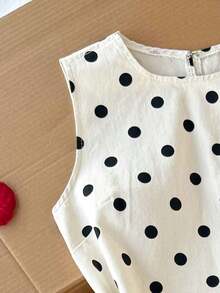 de mezclilla casual sin mangas con estampado de lunares para mujer de talla grande - Blanco y Negro - Ver 3