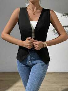 Chaleco informal sin mangas con abertura lateral para mujer - Negro - Ver 6