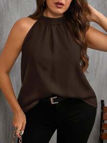 Camisa holgada minimalista de cuello halter azul marino talla grande, adecuada para el verano - Marrón - Ver 6