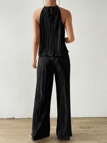 unicolor Top halter & Pantalones de pierna ancha - Negro - Ver 2