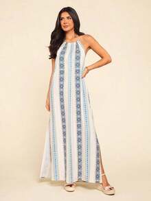 Vestido con estampado, corte con abertura alta, espalda descubierta, atar al cuello y flecos para mujer, vacaciones - Azul y blanco - Ver 2
