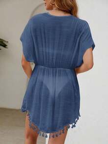 Kimono ribete con fleco de cintura con cordón de manga murciélago - Azul - Ver 2