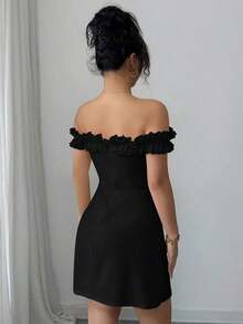 Vestido romántico con hombros descubiertos y volantes en la cintura para mujeres - Negro - Ver 2