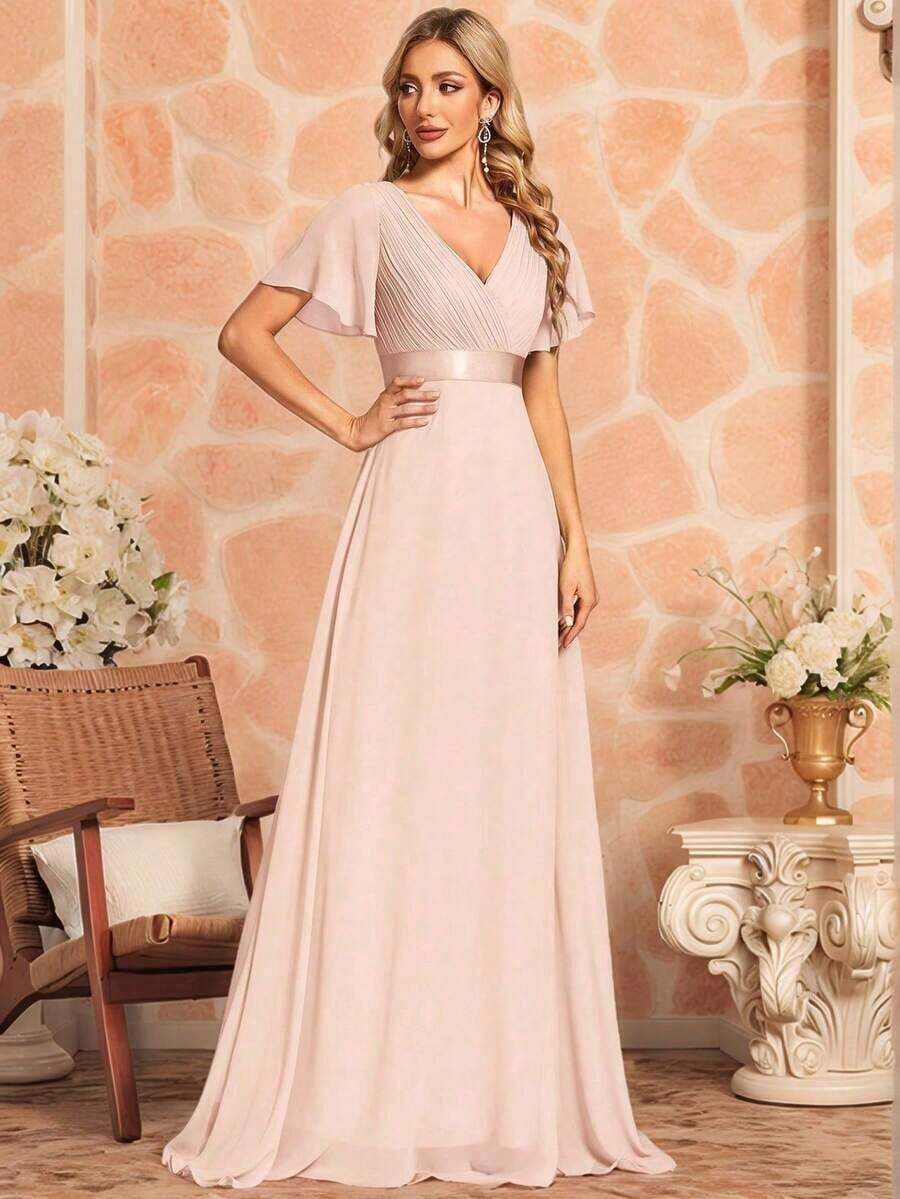 Vestido de dama de honor con cuello en V elegante, mangas con volantes y mariposa, color verde salvia, vestido de invitada de boda, vestido de primavera semi-formal para boda, fiesta de cumpleaños, graduación, Día de San Valentín - Champán 2 - Ver 1