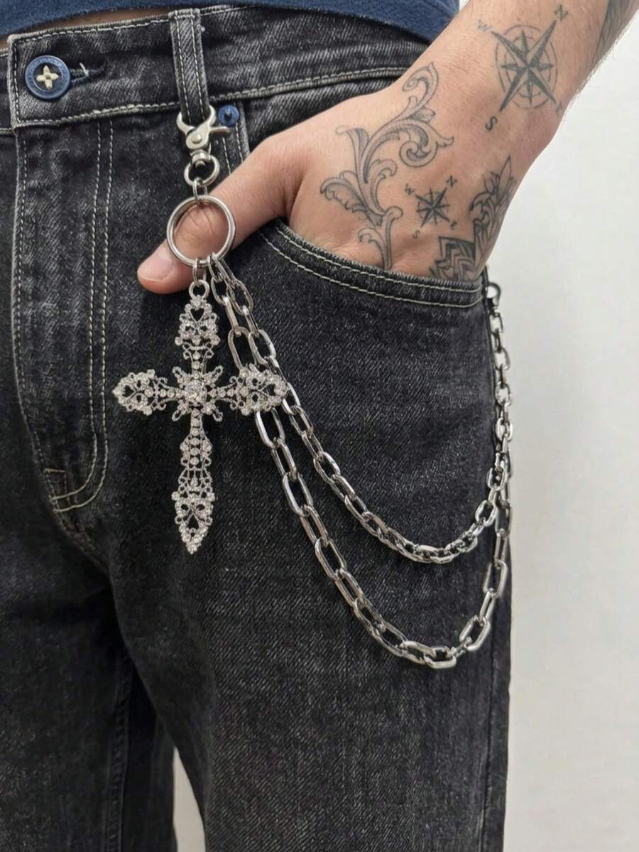 1pc Fashionable Unisex Hip Hop Pants Chain, Oversized Diamond Cross Pendant Decoration, Suitable For Street Parties, Waist Accessory Gift - Black - View 1