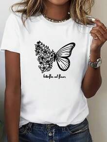 Limited Time Offer, Limited Quantities, Flash ! Women's Casual Shirts, Women's Polyester T-Shirts, Elegant Shirts. Women's Short-Sleeved Crew Neck T-Shirt With Butterfly Letter Print For Everyday Wear, Women's Fashion - 白色 - 查看 9