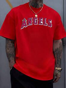 1 pieza Camiseta Deportiva para Hombre Graphic Angels, 220g, Estilo Urbano, Oversized, 100% Algodón, Estampado Digital, Estilo Casual Hip Hop Skateboard, Corte Holgado. - Rojo - Ver 12