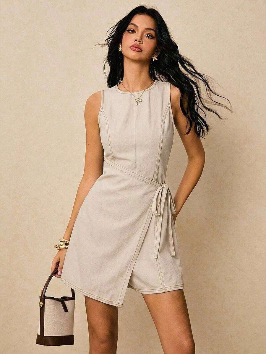 Nuevo overol y mono de mezclilla para mujer con cordón anudado en la cintura lateral, sin mangas, mono de otoño color azul oscuro, elegante ropa francesa para salir en una cita - Beis - Ver 1