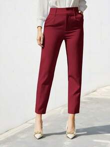 Pantalones de traje sólidos y simples para uso diario de mujer - Rojo - Ver 5