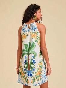 Vestido corto holgado con hombros al descubierto y estampado tejido para mujeres para vacaciones - Azul - Ver 2