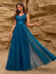 Vestido de dama de honor formal de línea A con escote en V sin mangas, bordado y de malla, vestido de fiesta elegante, vestido de invitado de boda formal, vestido de ceremonia de graduación, vestido de noche de primavera - Agua verde azul - Ver 5