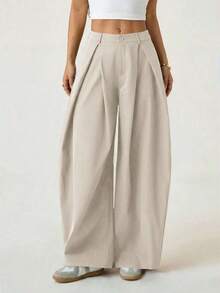Pantalones anchos de verano con dobladillo curvo verde, estilo vintage, casual y para salir - Beis - Ver 3