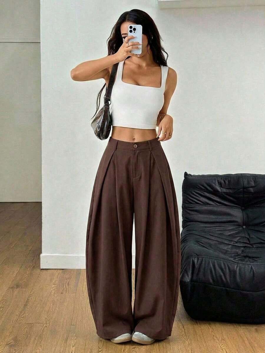 Pantalones anchos de verano con dobladillo curvo verde, estilo vintage, casual y para salir - Café integral - Ver 1