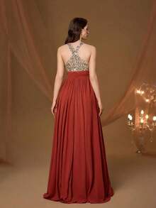 Vestido de noche de cuello redondo y halter nuevo de , vestido de gasa con abertura alta y parches de lentejuelas para fiesta - Champán - Ver 2