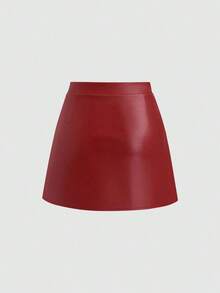 Falda mini acampanada de línea A con abertura lateral, de cintura alta y plisada, de PU estilo retro elegante para mujer, Y2K - Rojo - Ver 2