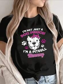 Black Short-Sleeved T-Shirt For Dog Lovers, Featuring A Pitbull Mom Design Adorned With Pink Paw Prints. It's Perfect For Relaxed Outings Or Wearing At Home, Being Both Lightweight And Durable, Making It An Excellent Gift For Pet Lovers. - 黑色 - 查看 7