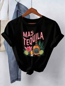 Camiseta de manga corta con cuello redondo y estampado para mujer. Perfecto para citas, desplazamientos diarios y salidas informales. Diseño clásico minimalista de cuello redondo, fácil de combinar y adecuado para todas las formas de cuerpo. - Negro - Ver 1
