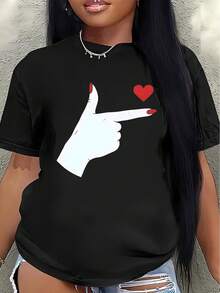 Camiseta de manga corta, ligera y duradera, con un diseño de un corazón rojo señalado con un dedo, perfecta para el hogar, restaurantes o actividades de ocio al aire libre.women's shirts - Negro - Ver 7