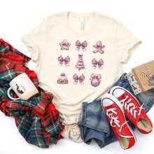 1 camiseta navideña Kawaii, lazos festivos Coquette, 180g 100% algodón, los diseños están impresos. Unisexo. - Blanco - Ver 5
