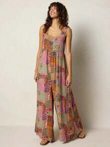 New Women's Bohemian Style One-Piece Jumpsuit With Suspenders, Retro Patch, Wide Leg And Elastic, Casual - 橘紅色 - 查看 1