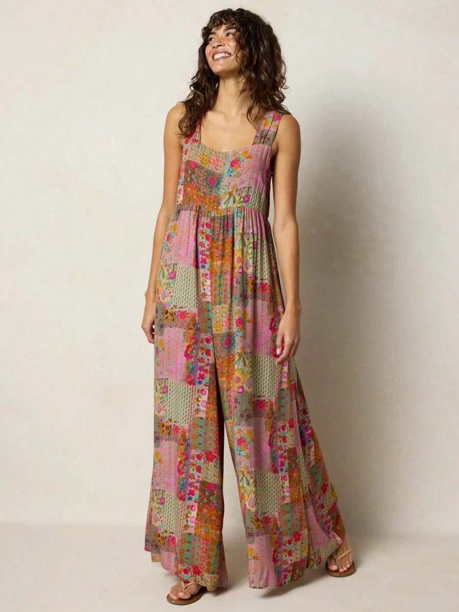 New Women's Bohemian Style One-Piece Jumpsuit With Suspenders, Retro Patch, Wide Leg And Elastic, Casual - 橘紅色 - 查看 1