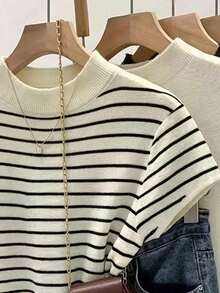 Suéter de mujer de nueva llegada para primavera/verano, top de punto con bloques de color a rayas blancas y negras, parche de encaje de manga corta, estilo casual y elegante coreano/francés - Multicolor - Ver 4