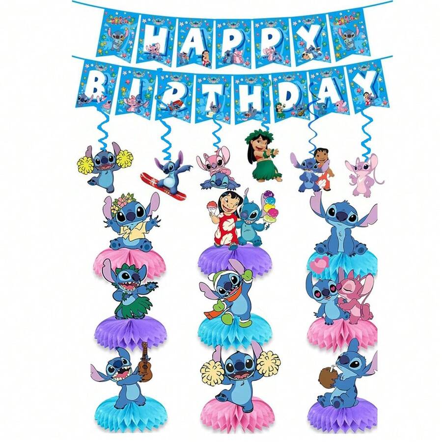 完整的《星际宝贝》主题生日派对装饰，包括生日快乐横幅、气球和蛋糕装饰，卡通史迪奇生日派对用品 - 如圖 - 查看 1