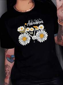 Bicycle Decorated With Daisies And Words That Inspire New Adventures Symbolizes Freedom, Joy And The Beginning Of Positive Paths. Women's Casual Modern Comfortable T-Shirt For Everyday Use - 黑色 - 查看 8