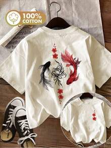 Women's Summer Clothes With Double-Sided Prints In A New Chinese Style, Featuring Koi Carp, Lotus, And Floral Branch Designs. This Sheer T-Shirt Is Perfect For Casual Everyday Wear, With A Round Neck And Short Sleeves. Women's Winter Clothes. - 杏色 - 查看 4