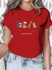 Camiseta casual de manga corta para mujer, ideal para vacaciones de verano, con estampados de la bandera de Puerto Rico, la isla, palmeras, guitarra y ranas, 100% algodón puro, tela cómoda de 220g, estilo casual unisex, adecuada para el verano y el uso diario. - Rojo - Ver 12