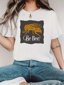 Camiseta Blanca con Estampado de Abeja para Mujer - Top Casual de Manga Corta y Cuello Redondo con Diseño de Animal en Gris Oscuro, Comodidad para Todas las Temporadas, Lavable a Máquina, Ropa para Uso Diario, Camiseta, Ropa Duradera, Camiseta Estampada, para Amantes de la Modablusas para mujer>ropa - Blanco - Ver 1